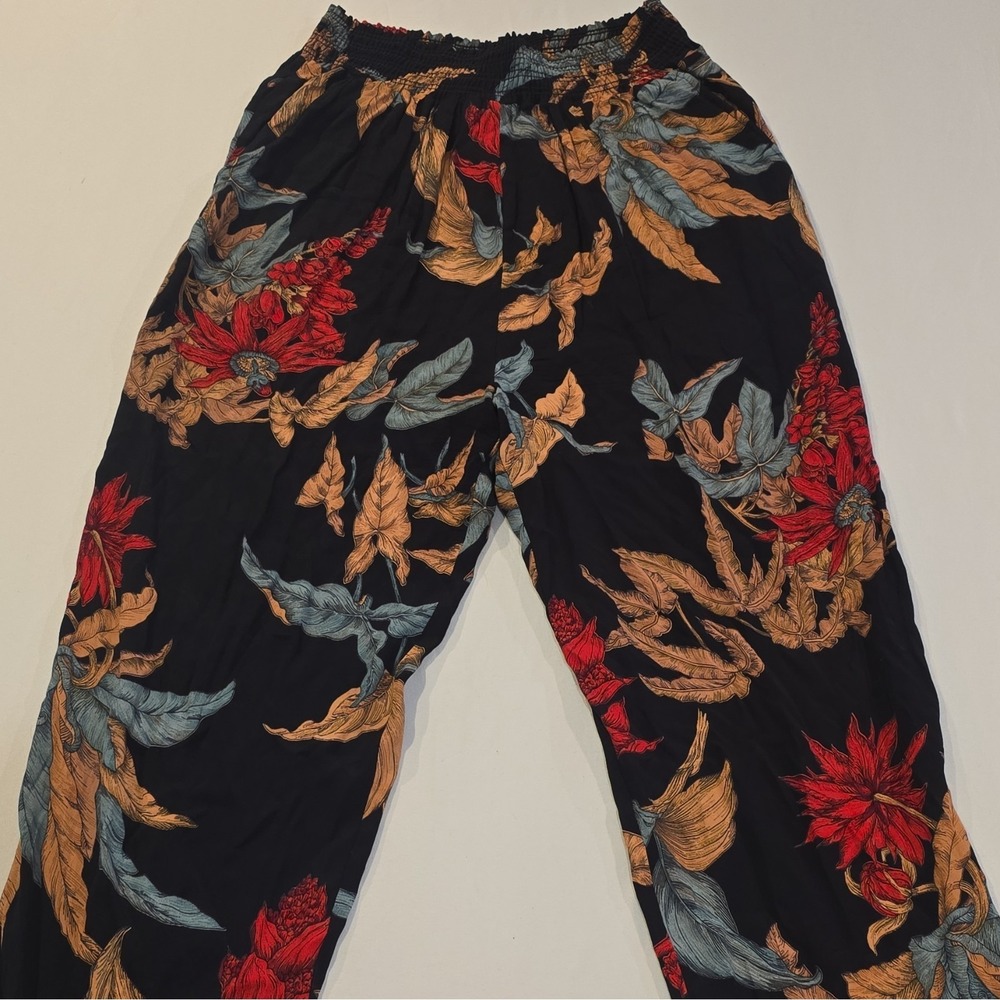 Karen Kane Women's Black Floral Pants Regular Size 12 Elastic Waist